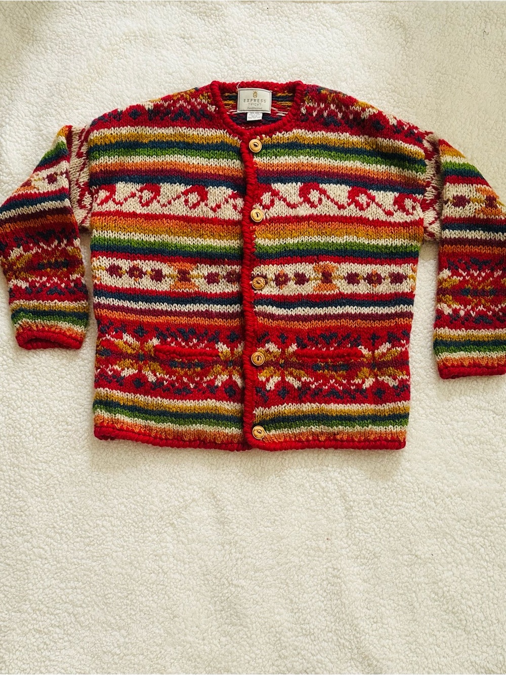Vintage Express Tricot Hand Knitted Multicolor Striped Fair Isle Wool Cardigan